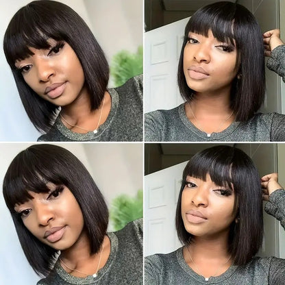 Brazilian Remy Non-toxic Wig, Straight Hair And Short Hair, Black. Human Hair Mechanism, Non-sticky And Non-toxic Wig With Bangs, Suitable For The Whole Scene.