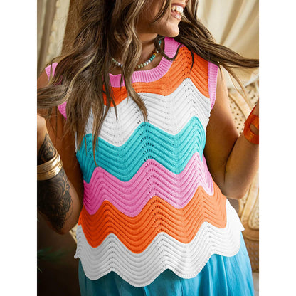 Womens Summer Rainbow Striped Sweater Vest Sleeveless Knit Crew Neck Color Block Going Out Cropped Tank Top