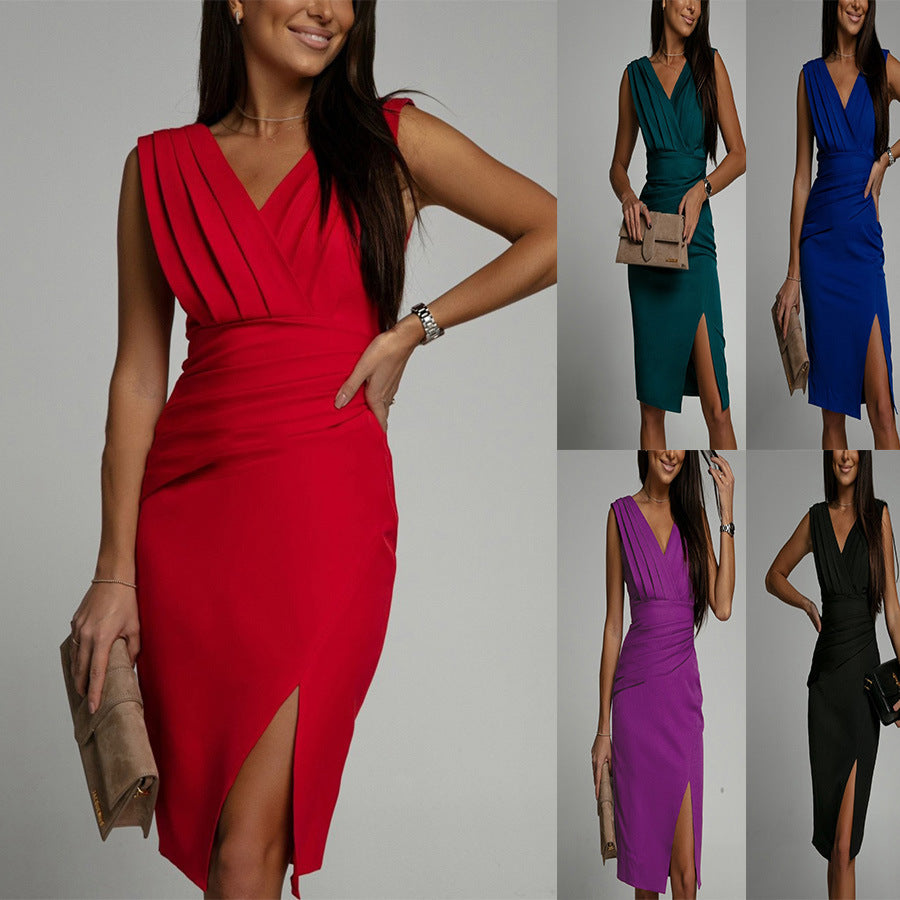 Summer Long Dress New V-neck Sleeveless Slit High Waisted Evening Gown Women's Wear